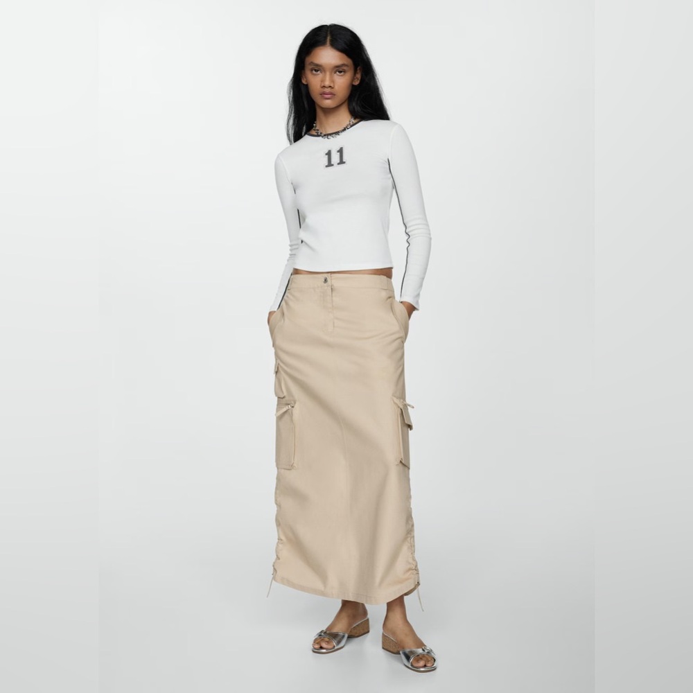 Mango MNG Beige Paperbag Cargo Midi Skirt NWT Cotton Utility Pockets Size S
